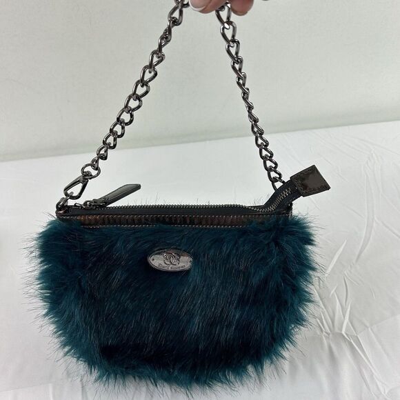 Designed In New York‎ By SHARIF Faux Fur Handbag Blue Green Chain Handle EUC - Picture 10 of 11